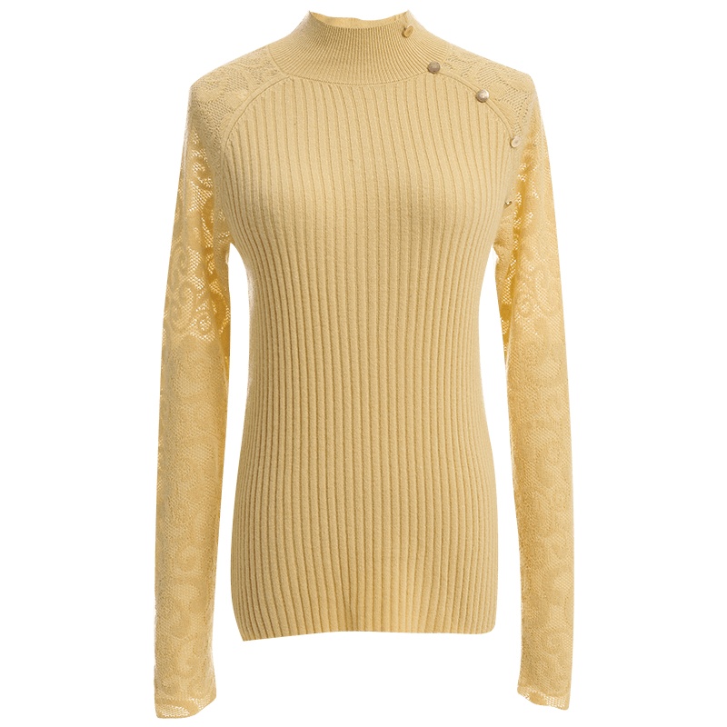 欧昵雪冬装半高领拼接钉珠勾花长袖针织衫上衣女显瘦毛衣