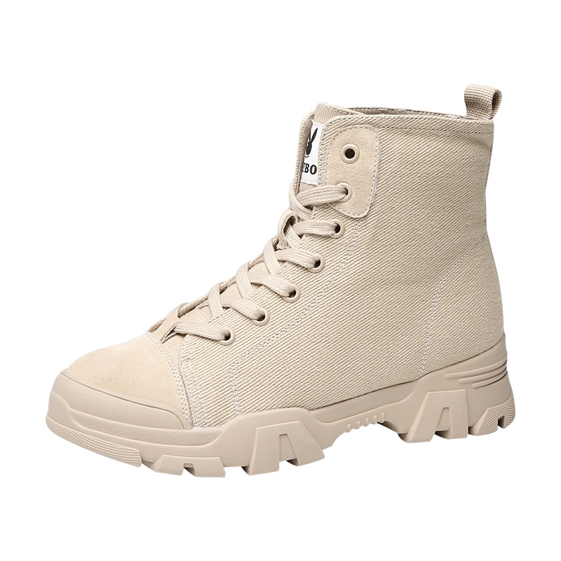 PLAYBOY/花花公子秋冬季加绒休闲简约纯色系带设计圆头粗跟时尚沙漠网红短靴女K10299185