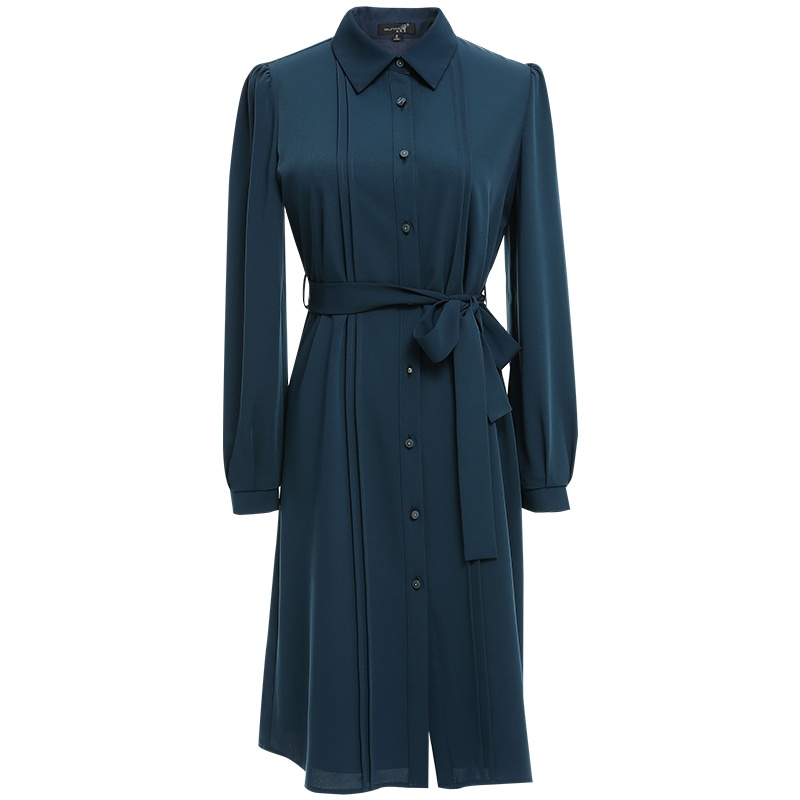 欧昵雪轻熟风Polo领收腰长袖连衣裙女显瘦气质衬衫裙