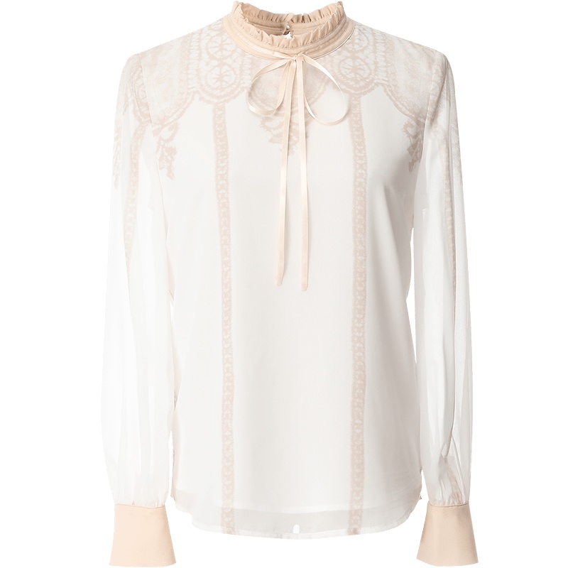 欧昵雪立领木耳边系带长袖雪纺衫上衣女洋气时尚小衫