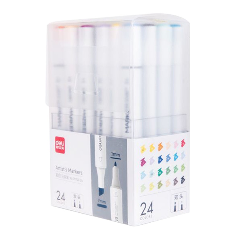 得力马克笔24色双头水彩笔方杆笔手绘设计套装学生用绘画涂鸦绘画勾线笔黑色细头70702-24