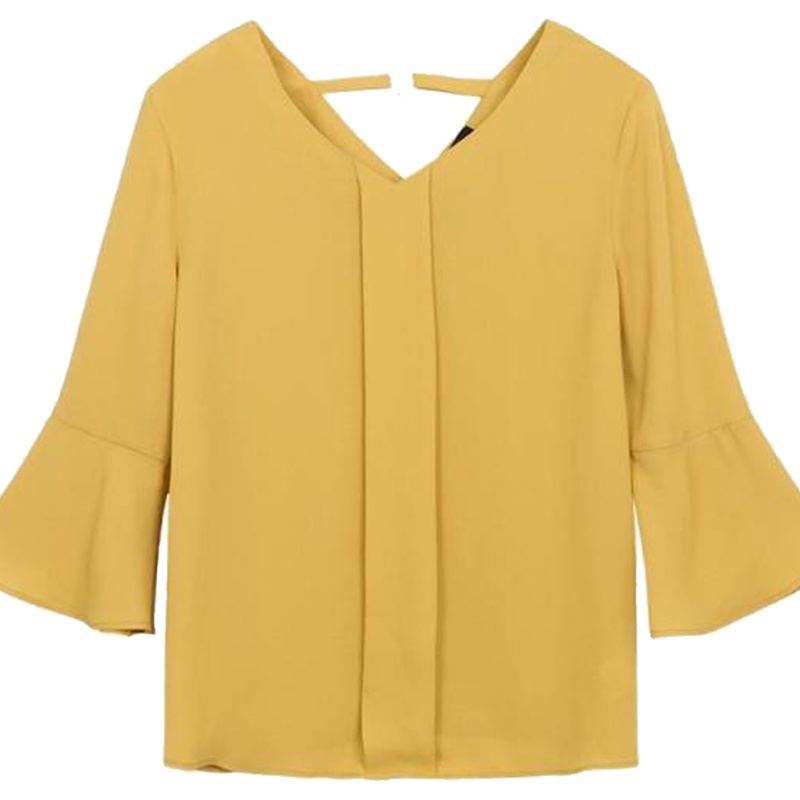 【热卖】韩版宽松雪纺衬衫上衣 女士2019春装新款 百搭V领荷叶袖洋气小衫