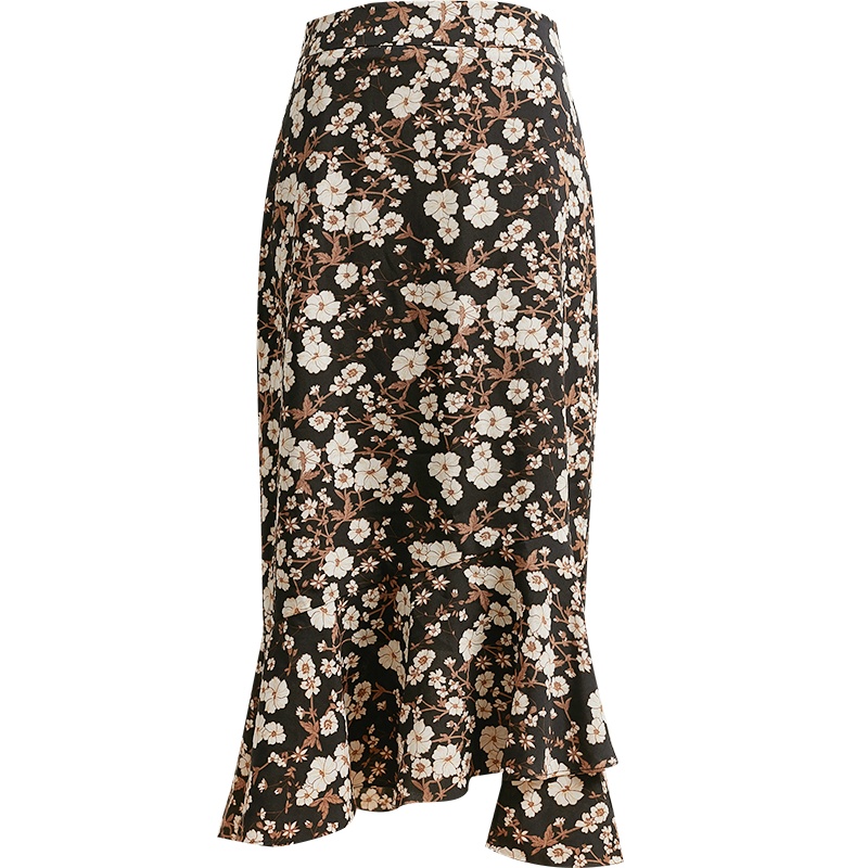 欧昵雪高腰碎花半身裙女遮胯显瘦荷叶边鱼尾a字裙