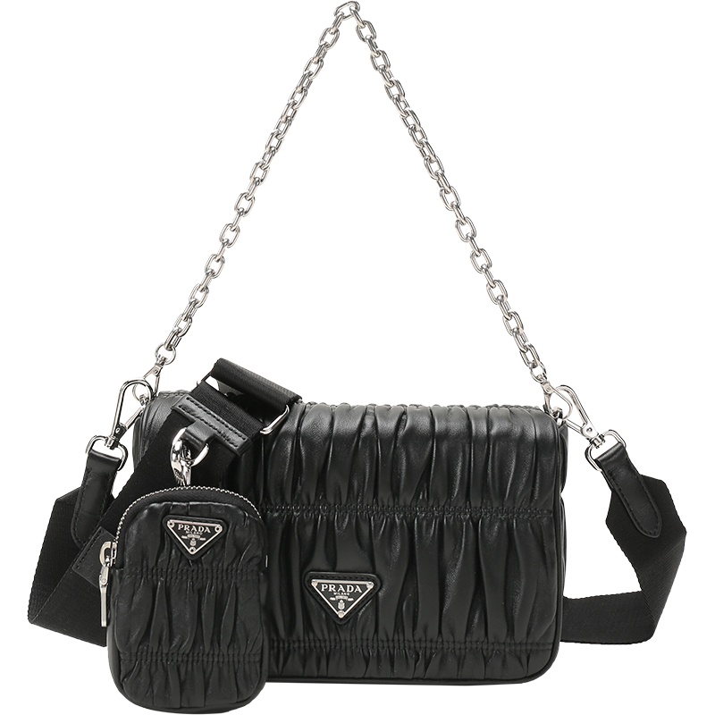 PRADA 普拉达 女士 羊皮褶皱单肩斜挎包带挂饰零钱包 1BD289 QRD