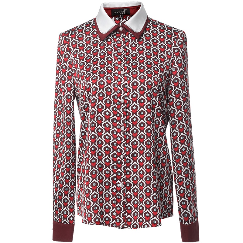 欧昵雪秋装爱心图案印花翻领衬衫女OL气质衬衣长袖上衣