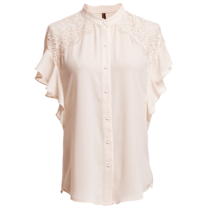 欧昵雪夏季蕾丝拼接雪纺衫女短袖衬衫荷叶袖上衣立领衬衣