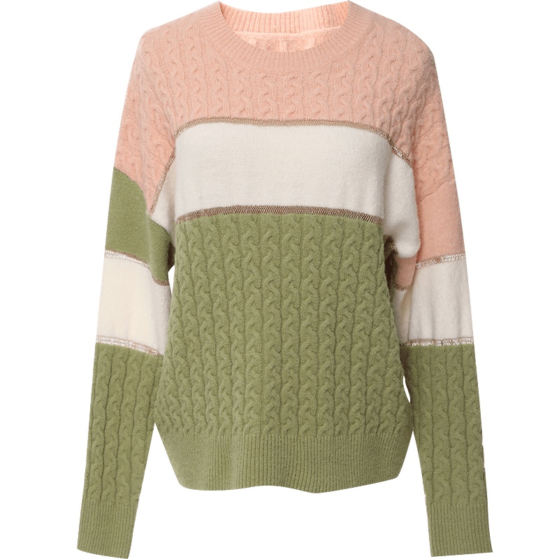 欧昵雪圆领撞色宽松外穿毛衣女慵懒风套头针织衫上衣