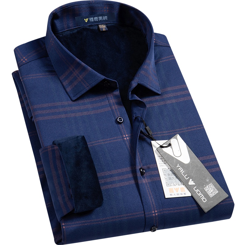 雅鹿男装秋冬新款超柔水晶绒内里休闲翻领格子男士长袖衬衫153M1952