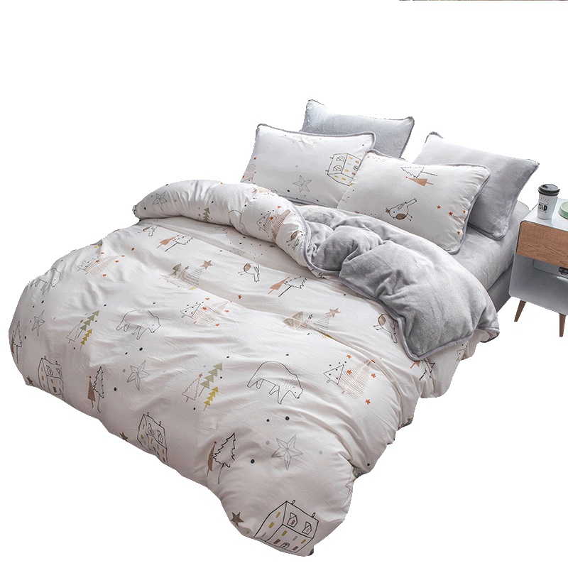 北极绒(Bejirog)家纺 A棉B法莱绒四件套全棉加厚保暖秋冬季珊瑚绒荷叶边床单1.5/1.8m床品200×230cm