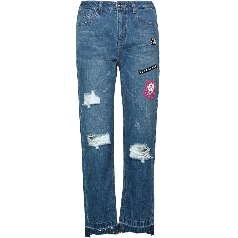 a02新款时尚减龄徽章水洗直筒破洞牛仔裤女潮DTU2D0901PN