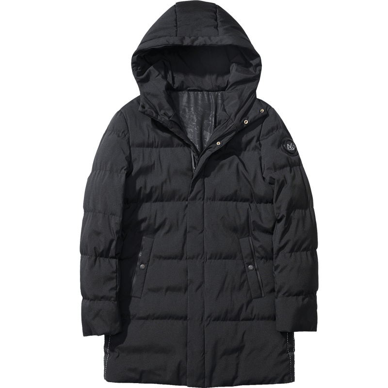 千纸鹤冬季外套男新款黑色中长款棉服帅气连帽保暖男士棉衣65059