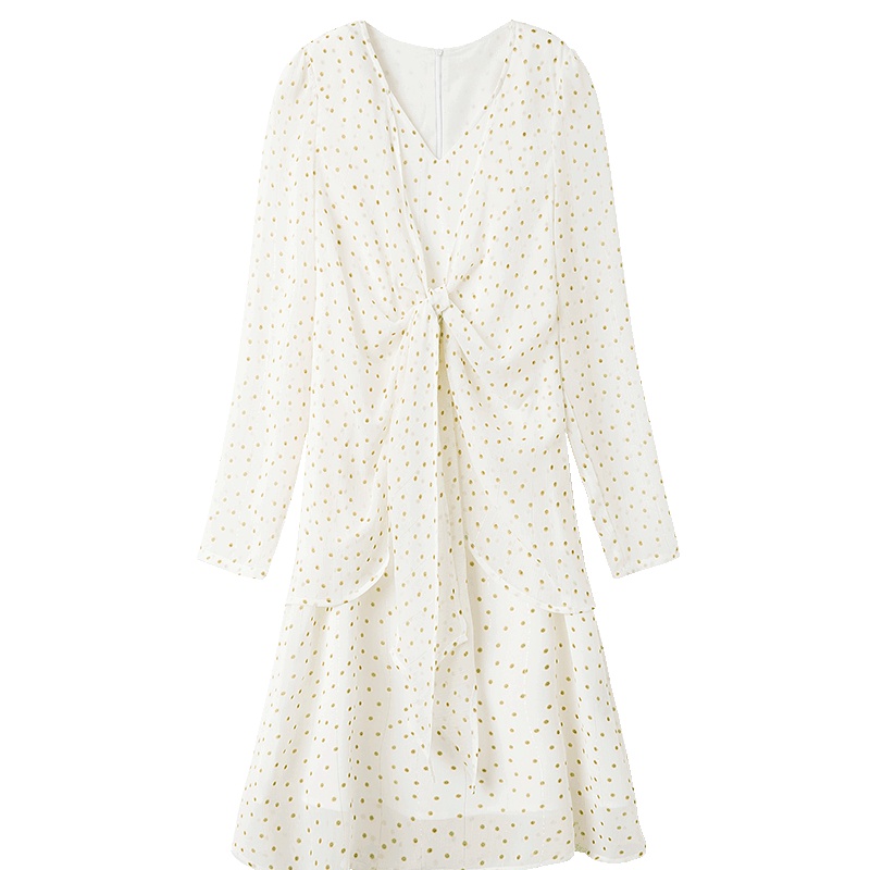 连衣裙女早春V领印花系绳长款波点裙A字型高腰收腰显瘦仙女裙