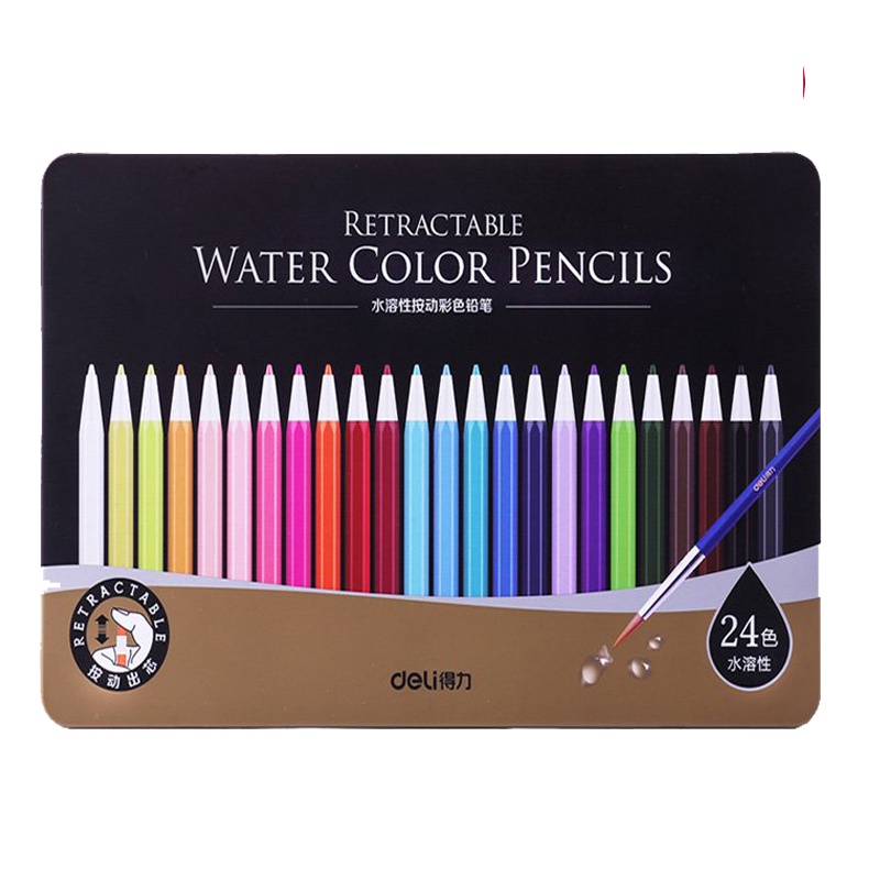 得力(deli)6508 24色水溶性活动彩铅(内赠毛笔)按动式可换芯秘密花园填色笔 儿童涂鸦绘画彩铅 彩画笔 涂色笔