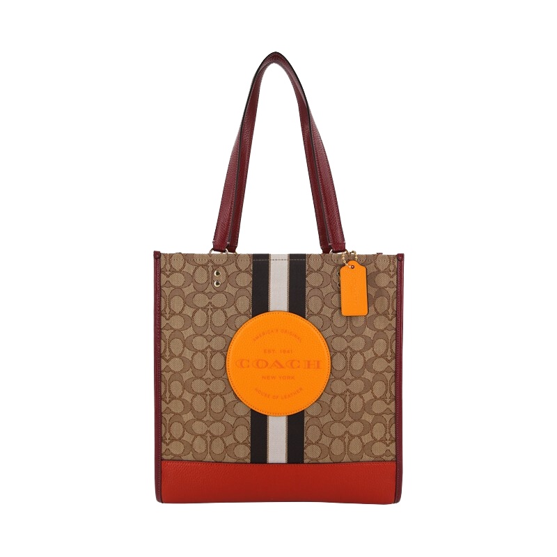 蔻驰 COACH 奢侈品 女士新款时尚大号手提单肩包卡其配红色织物配皮 1917 IMQZV