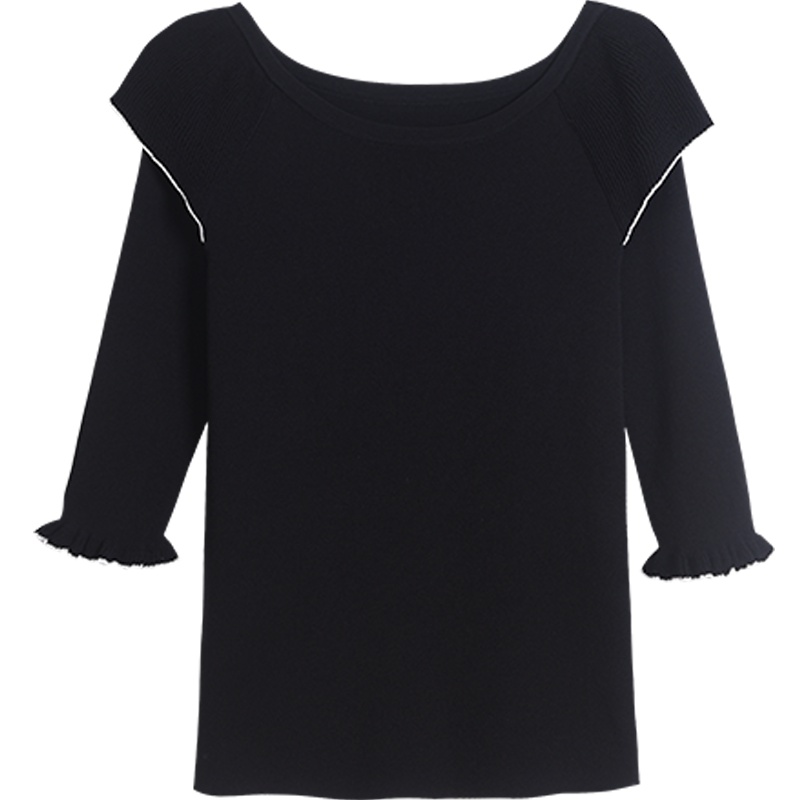 OSA欧莎套头针织衫秋装短款女2019新款黑色一字肩上衣修身薄款