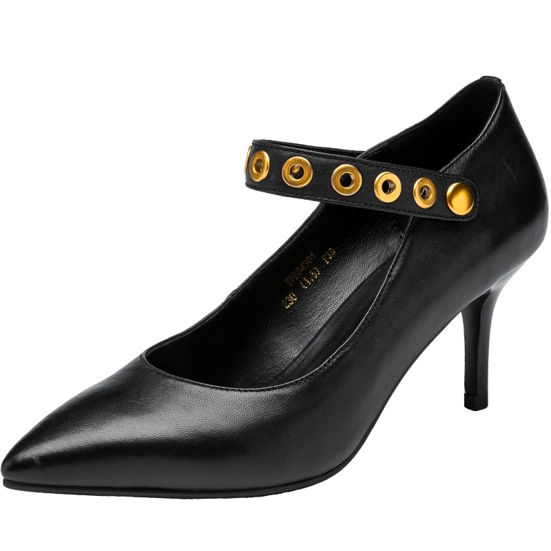 红蜻蜓女鞋秋季新款正品羊皮时尚细跟高跟鞋浅口尖头黑色单鞋