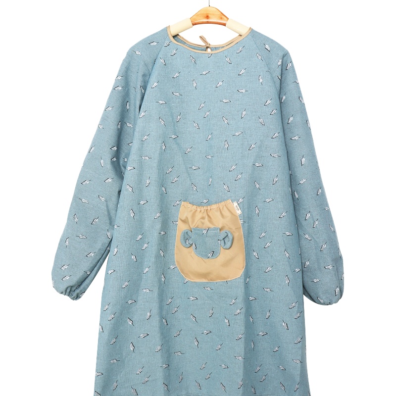 利得长袖家居围裙 韩版棉麻厨房做饭围裙 防油防污成人工作服罩衣 蓝色羽毛