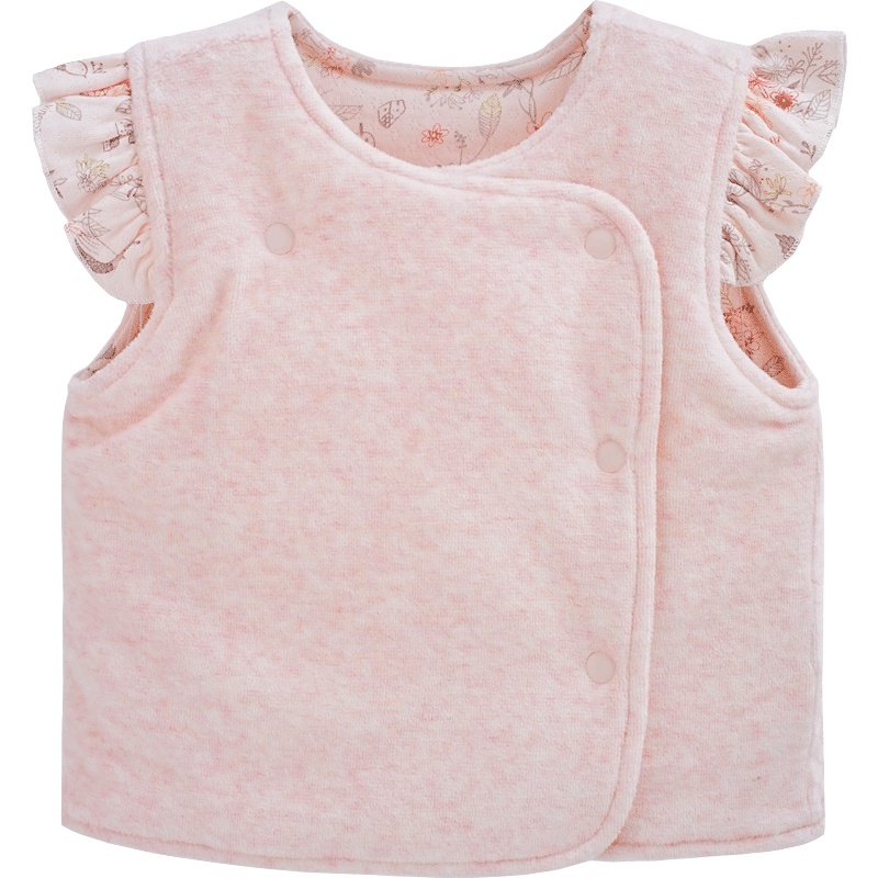 秋季新款女童纯色简约无袖花边夹棉侧开扣圆领马甲 小公主