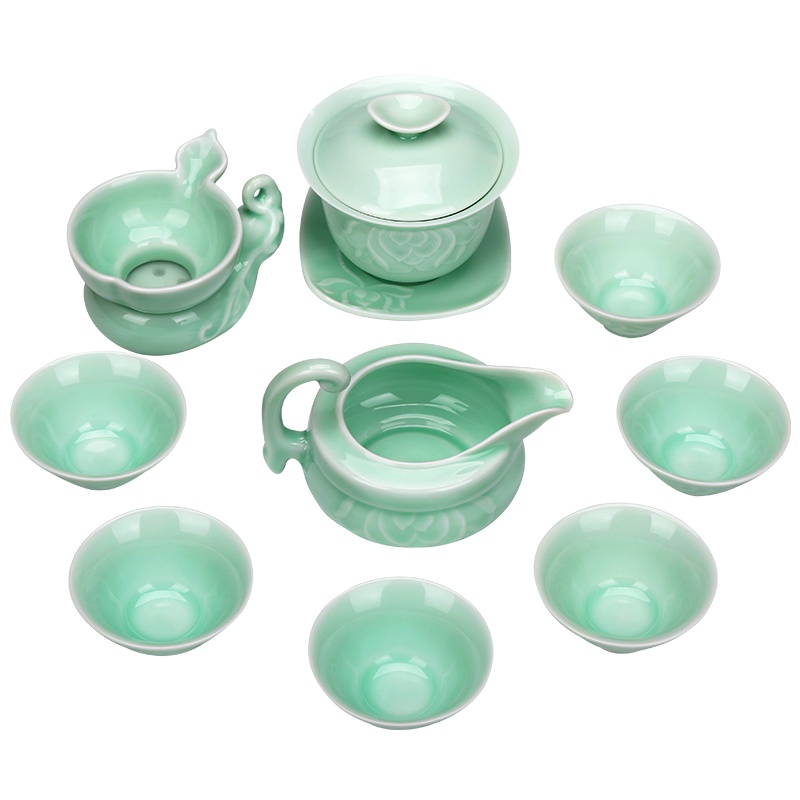 常生源 功夫茶具套装 陶瓷茶具 浮雕 盖碗茶杯公道杯茶漏整套 一品荷香套组