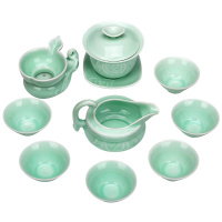 常生源 功夫茶具套装 陶瓷茶具 浮雕 盖碗茶杯公道杯茶漏整套 一品荷香套组