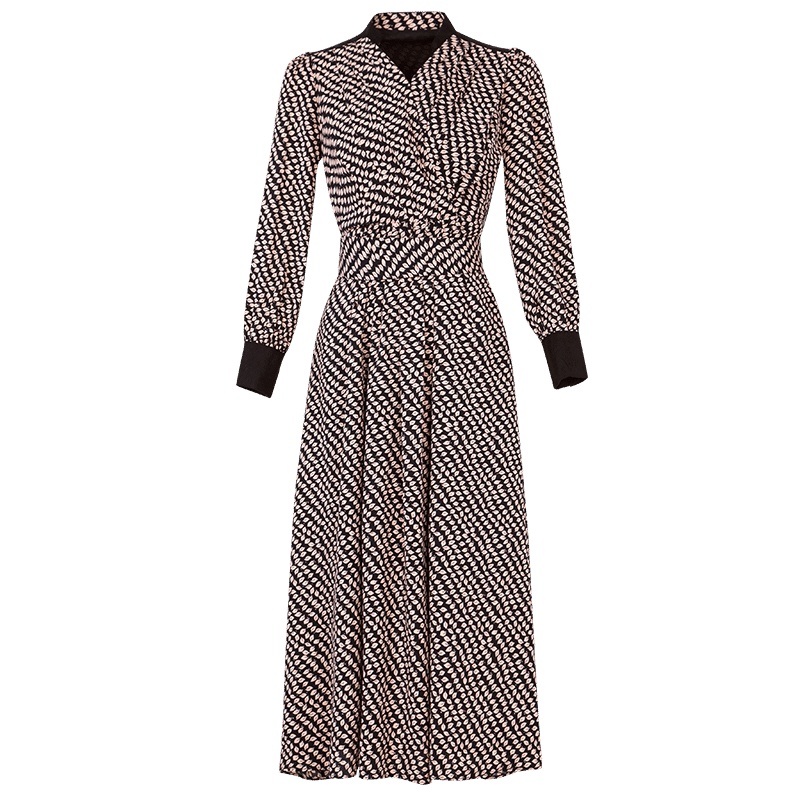 晚白2020秋季新品V领长袖修身A字碎花雪纺裙印花衬衫裙连衣裙女