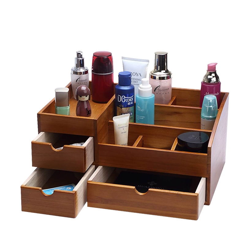 单爱实木化妆品收纳盒首饰桌面抽屉梳妆台面膜口红护肤刷置整理盒
