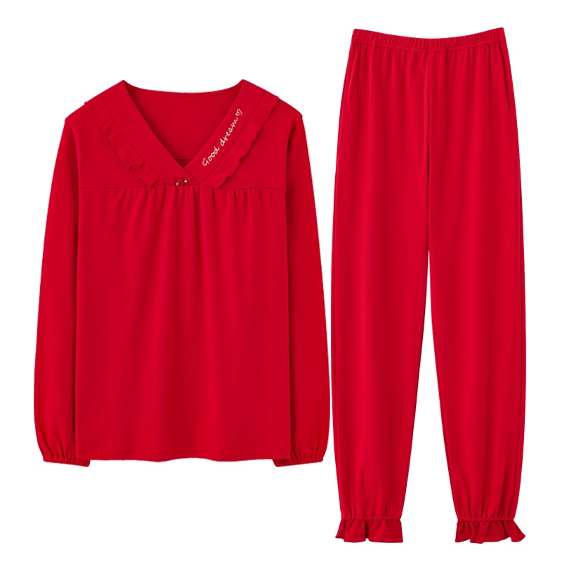 猫人睡衣女士秋冬季红色纯棉长袖长裤休闲可外穿秋冬家居服套装