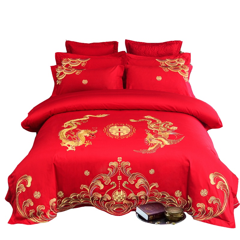 九氏JOESH婚庆四件套 中国红立体刺绣全棉四件套 多花色大红婚庆床品