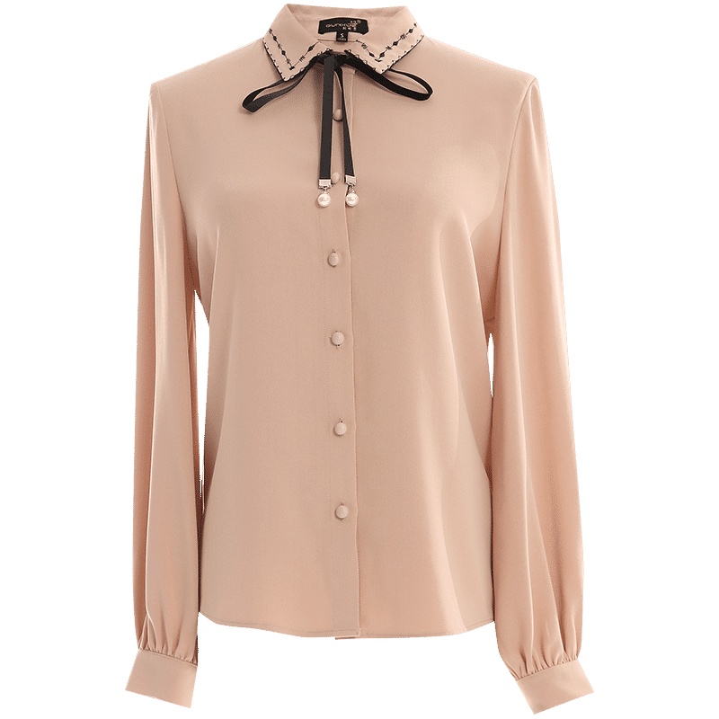 欧昵雪木耳立领拼接花边波点雪纺衬衫女长袖显瘦上衣