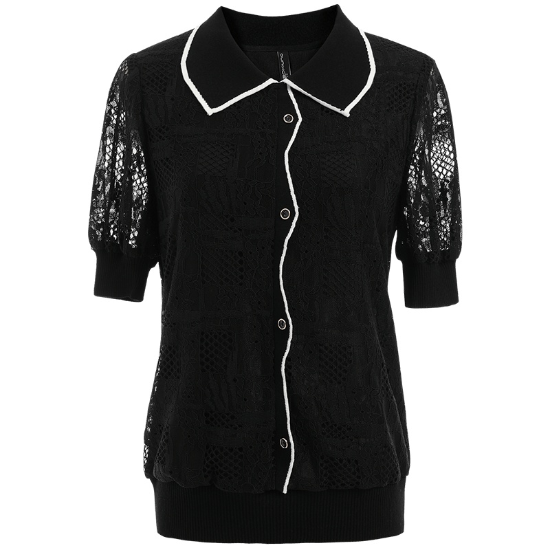 欧昵雪夏季淑女不规则撞色镂空蕾丝衫女显瘦短袖上衣