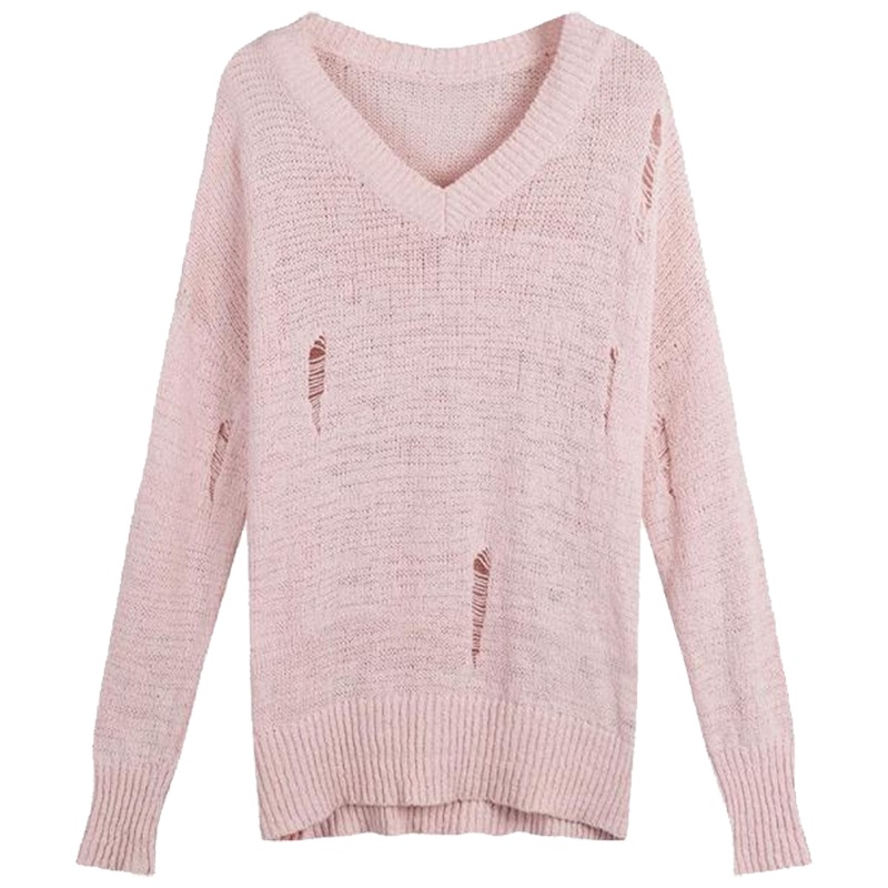 【热卖】V领毛衣女2019春季新款宽松破洞粉色套头慵懒风打底针织衫60300296