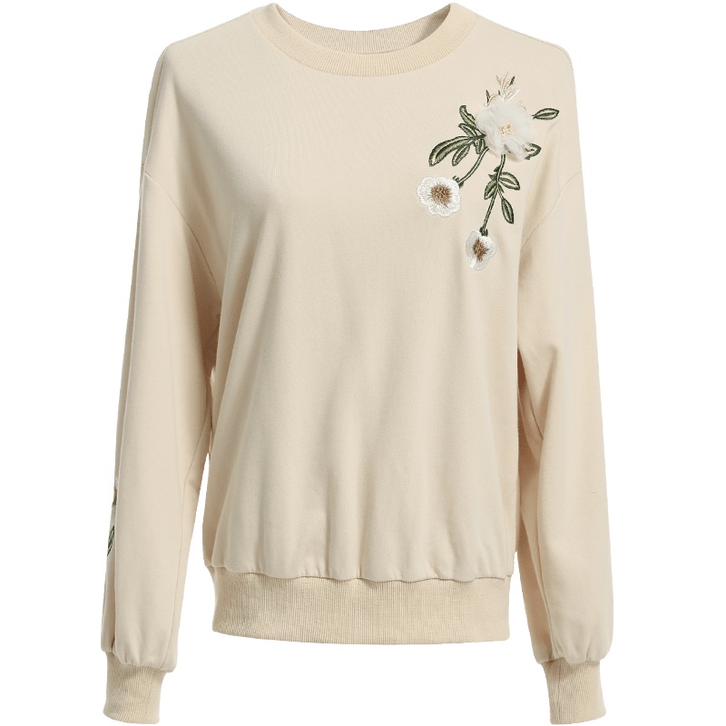 欧昵雪秋季立体装饰绣花圆领套头宽松卫衣女长袖休闲上衣