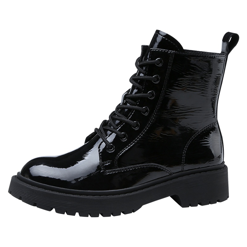 PLAYBOY/花花公子冬季加绒休闲时尚纯色漆皮系带圆头短靴机车靴女K12299214