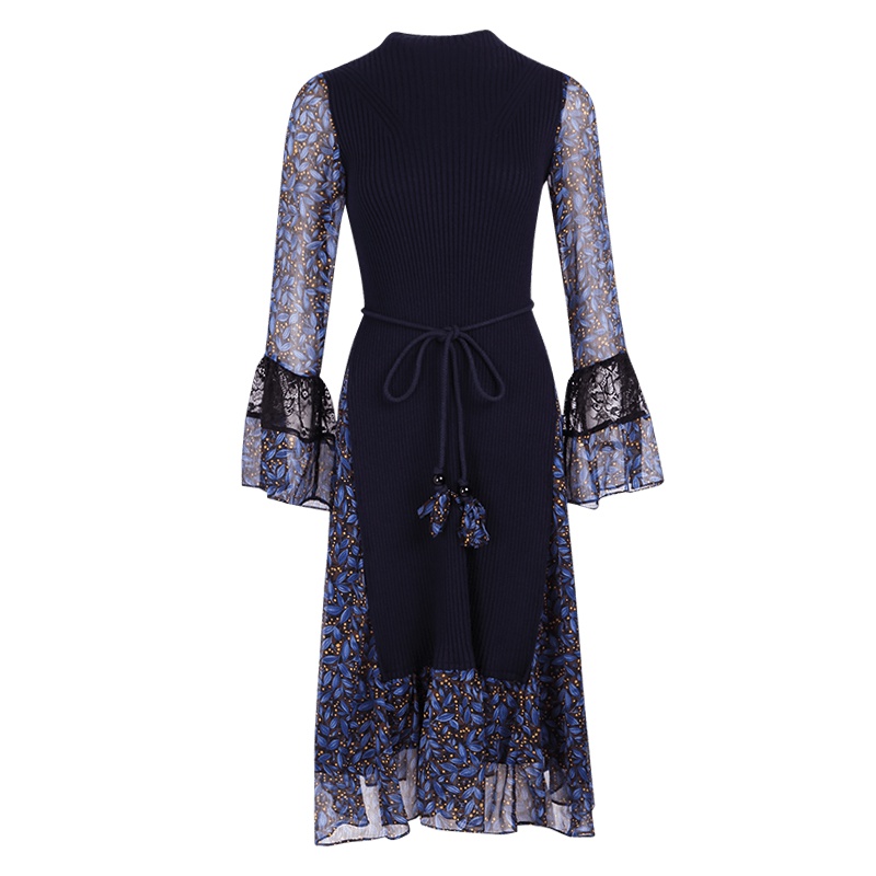 晚白 春季新款雪纺印花假两件针织连衣裙收腰韩版通勤气质百搭