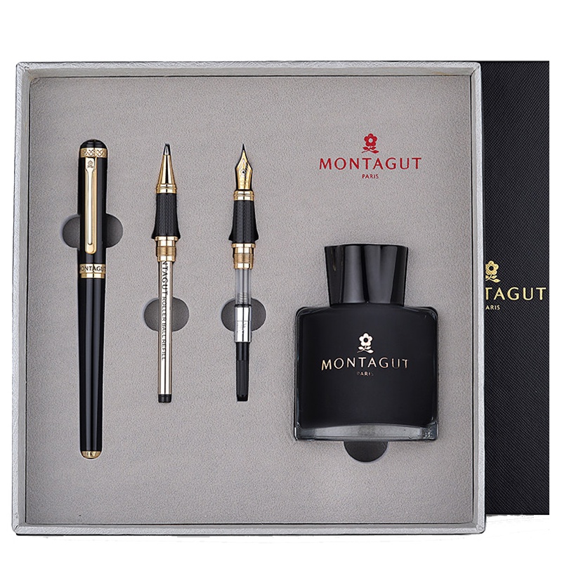 梦特娇(Montagut)黑磨砂金夹钢笔+双笔尖+墨水套装 钢笔 签字笔 签名笔 墨水笔 白领钢笔礼盒装
