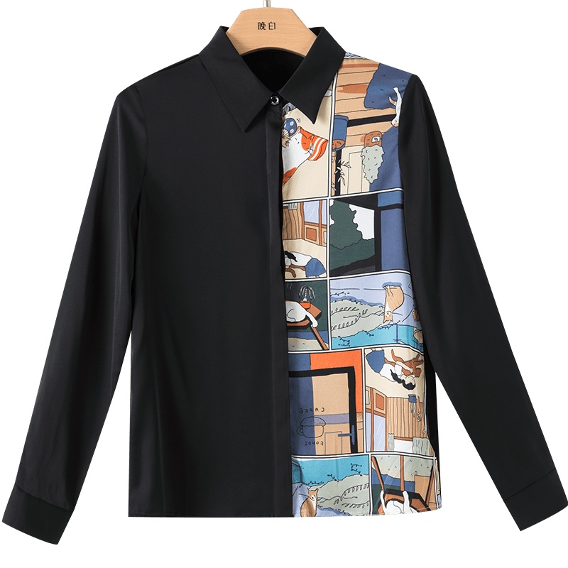 晚白2020秋季新品个性拼色翻领长袖时尚百搭常规款上衣衬衫衬衣女