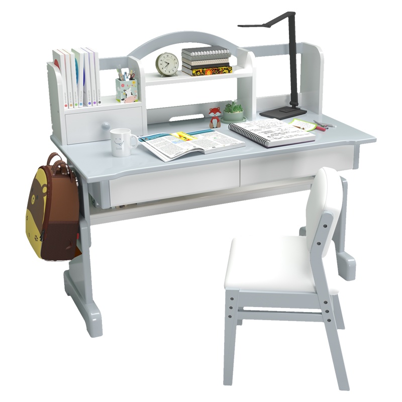 一米色彩693 北欧简约儿童书桌实木写字桌带书架学习桌家用可调节桌椅组合