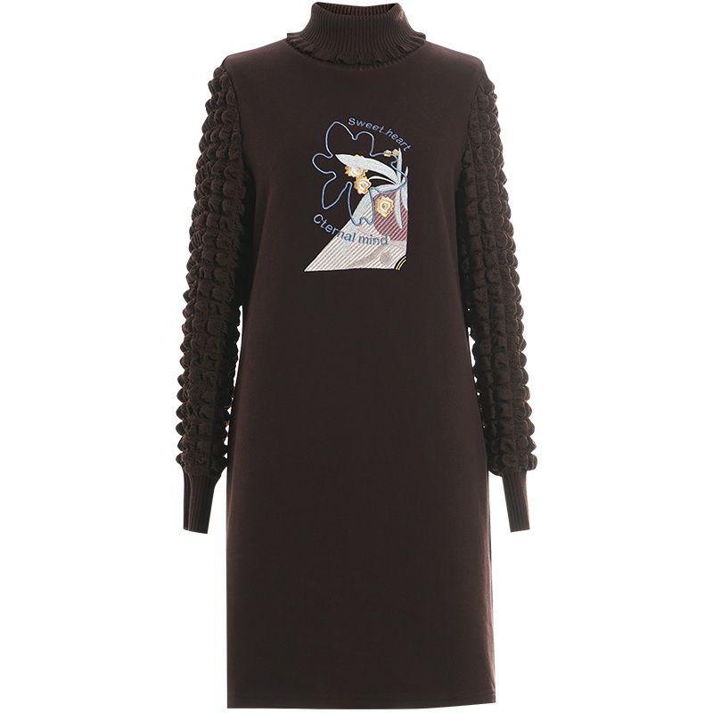 OUNIXUE欧昵雪 | [保暖加绒裙子]冬季慵懒风半高领拼接泡泡绉宽松连衣裙女