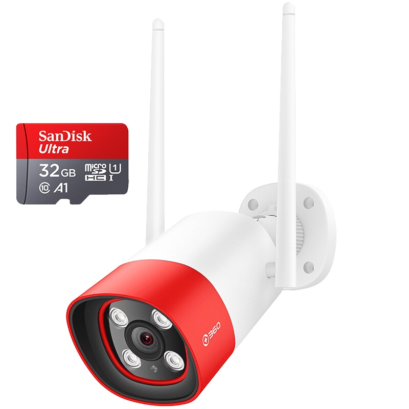 360 摄像头监控 红色警戒版室外防水1080P高清夜视 户外家用WiFi监控器手机无线网络摄像机+闪迪32G内存卡