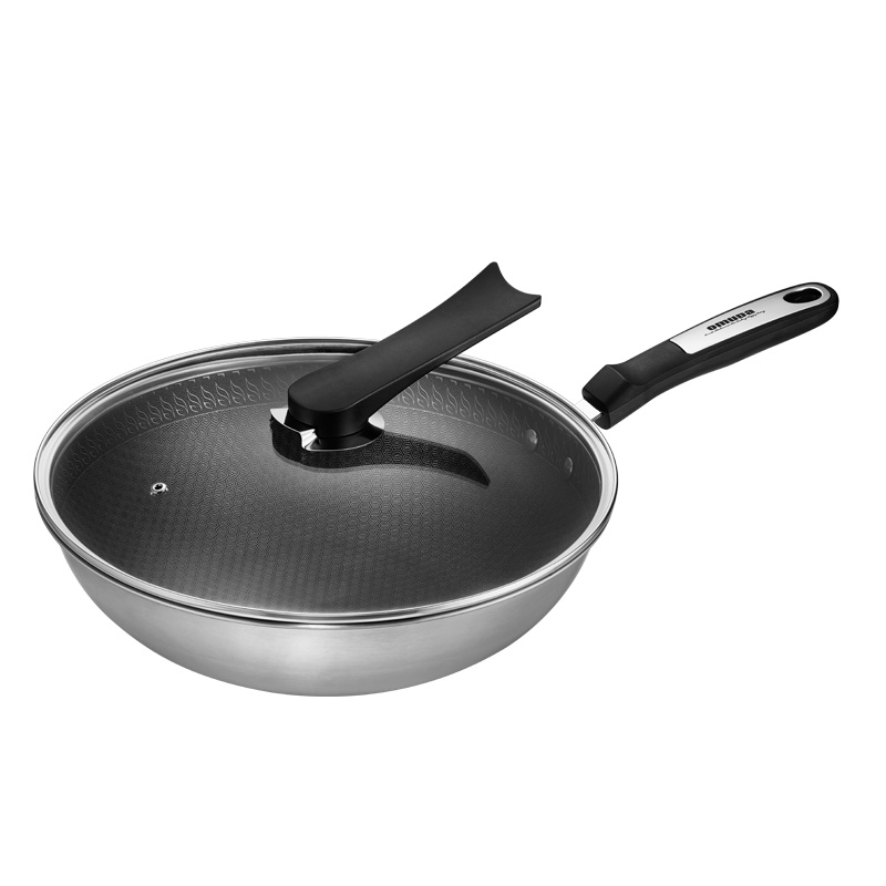 欧美达（omuDa）德国炒锅不粘锅304不锈钢无涂层少油烟炒菜锅多功能家用燃气灶电磁炉通用煎锅 电木手柄可视玻璃盖