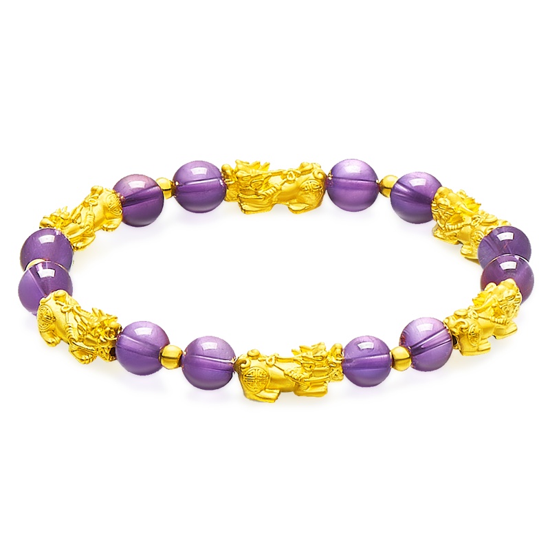 蒂蔻 六六大顺貔貅黄金手链女款本命年足金紫晶手串3D硬金手饰品生日礼物送女生