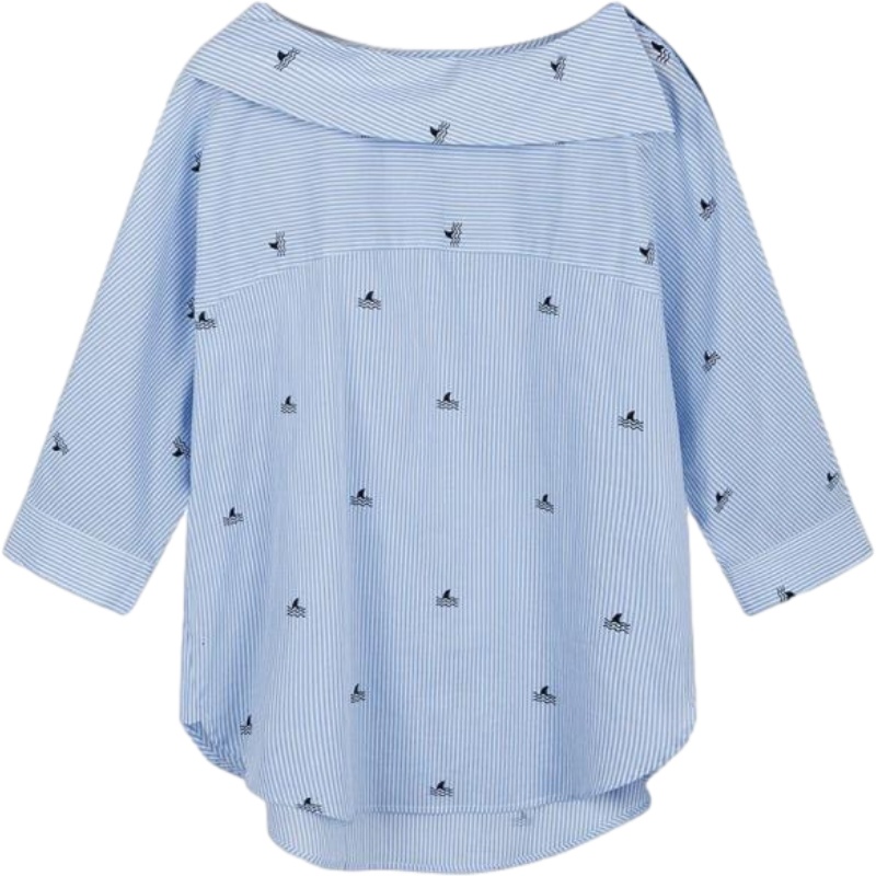 拉夏贝尔中长款衬衫春新款韩版宽松蓝白条纹长袖圆领网红衬衣外套