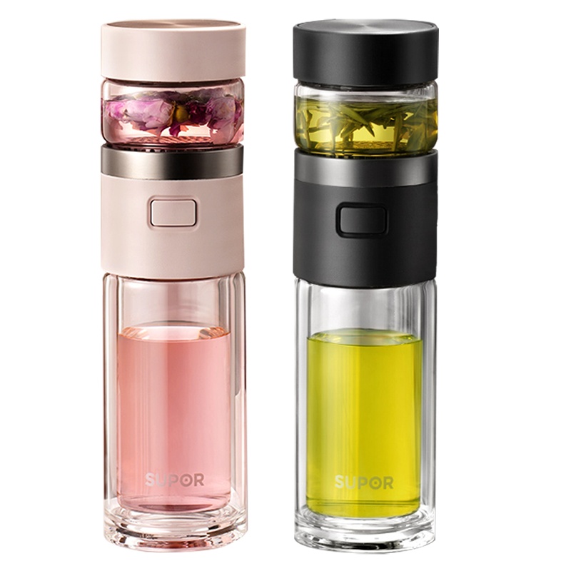 苏泊尔(SUPOR)双层玻璃杯一键茶水分离高硼硅耐热泡茶杯男女便携车载带过滤水杯学生办公室家用透明花茶杯KC22EM20