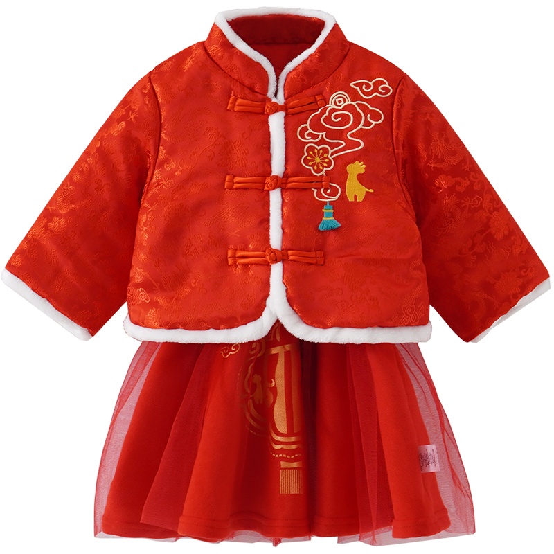 童泰(TONGTAI)2021年款秋冬1-4岁婴幼儿女宝宝时尚加棉裙新年装立领套裙儿童两件套