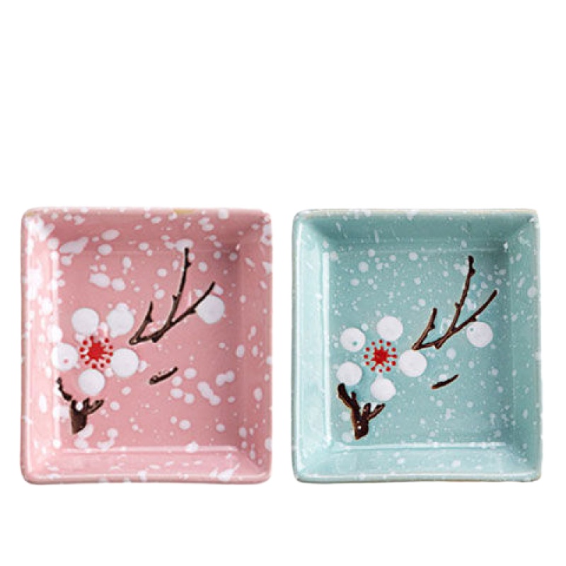 雪花陶瓷小碟子日式餐具醋碟家用酱油调味碟蘸料碟小吃盘子 [粉+蓝]2个装 方形