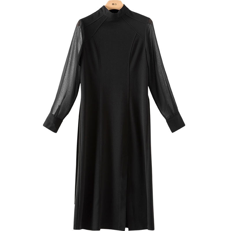 晚白2021春季新品时尚纯色修身立领长袖显瘦百搭职业通勤连衣裙女