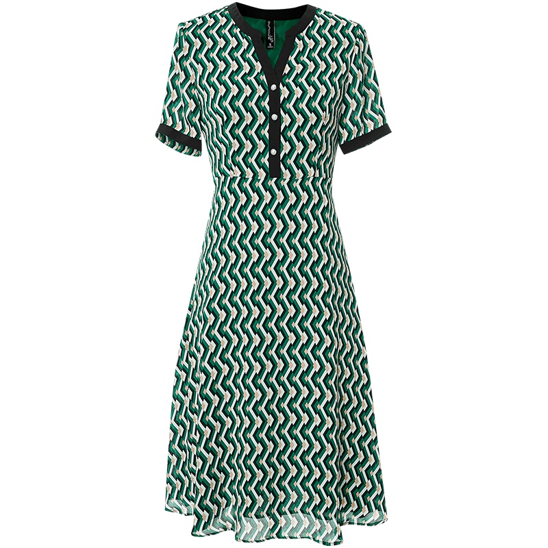 欧昵雪梭织印花雪纺裙优雅气质撞色半开领几何格纹连衣裙