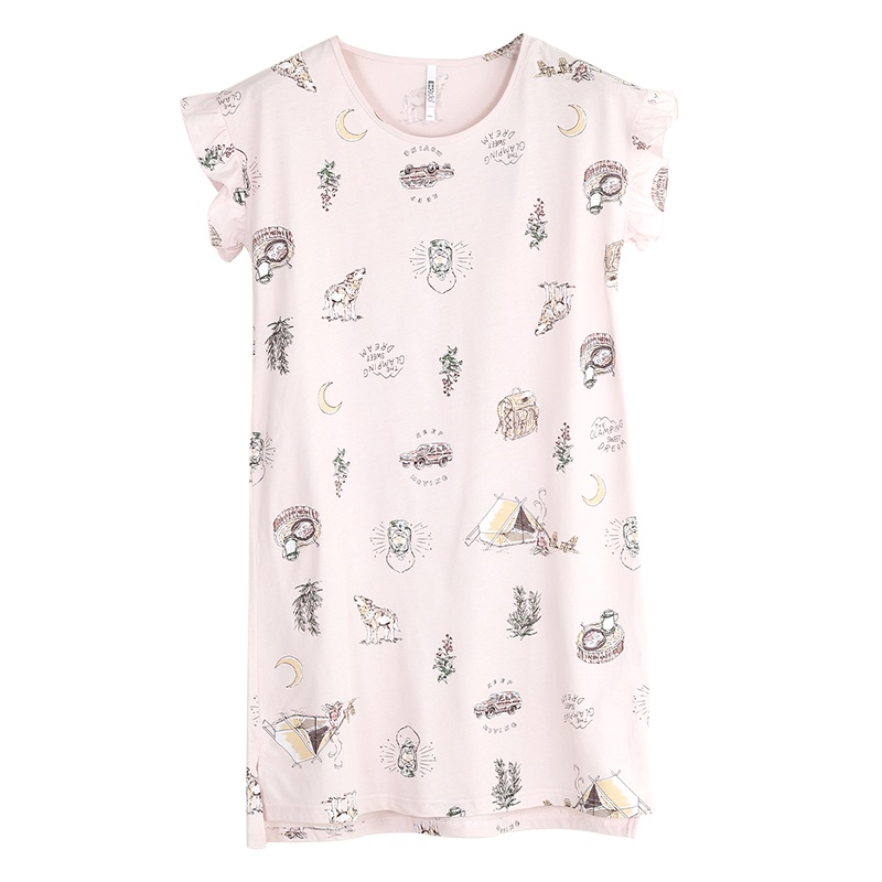 红豆居家(Hodohome) 春夏女士纯棉简约印花短袖睡裙女式全棉木耳边圆领睡裙