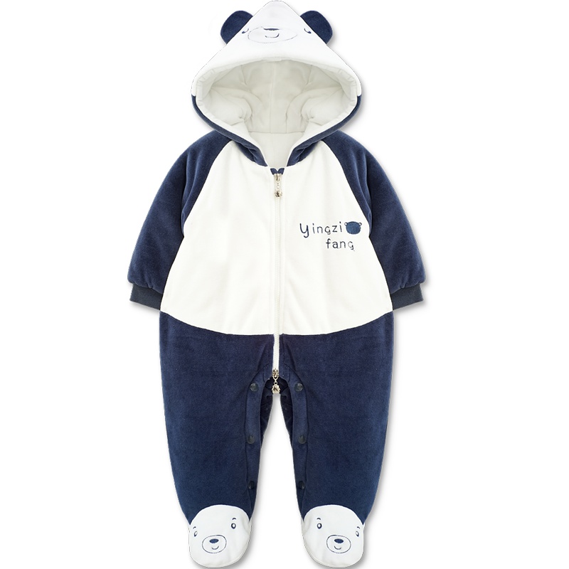 婴姿坊冬季宝宝加厚夹棉连体衣拉链按扣连脚保暖哈衣小熊连帽爬服 59-80cm 0-12个月