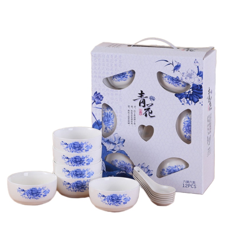 青花瓷碗套装陶瓷餐碗勺套装 六碗六勺